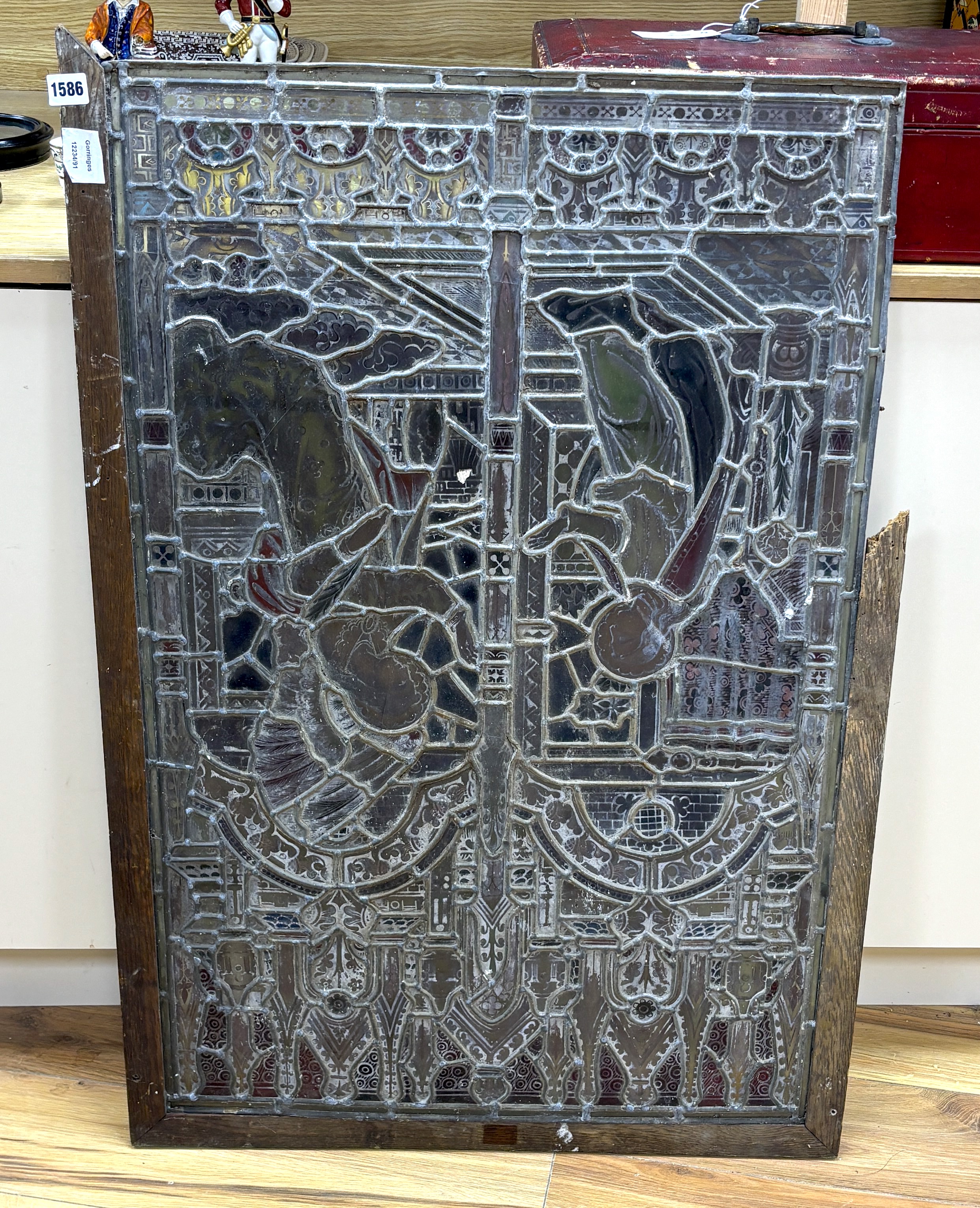A Victorian stained glass panel, 99x65cm